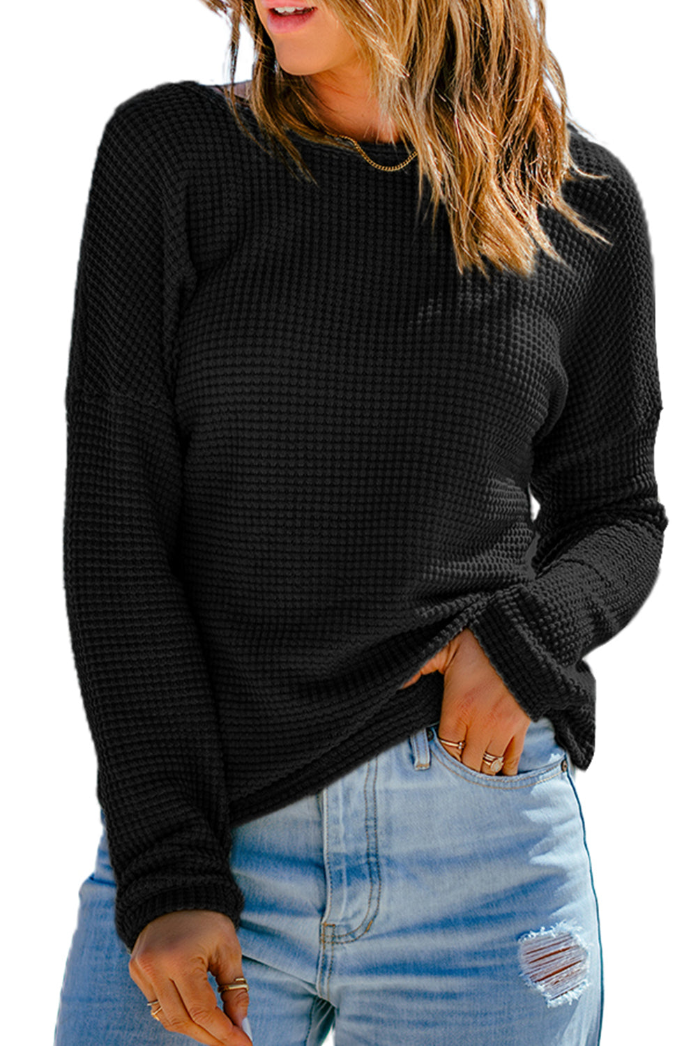 Waffle Drop Shoulder Long Sleeve Top