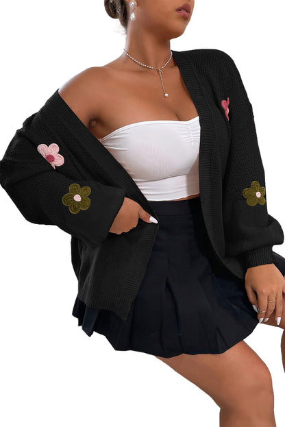 Floral Applique Drop Shoulder Cardigan