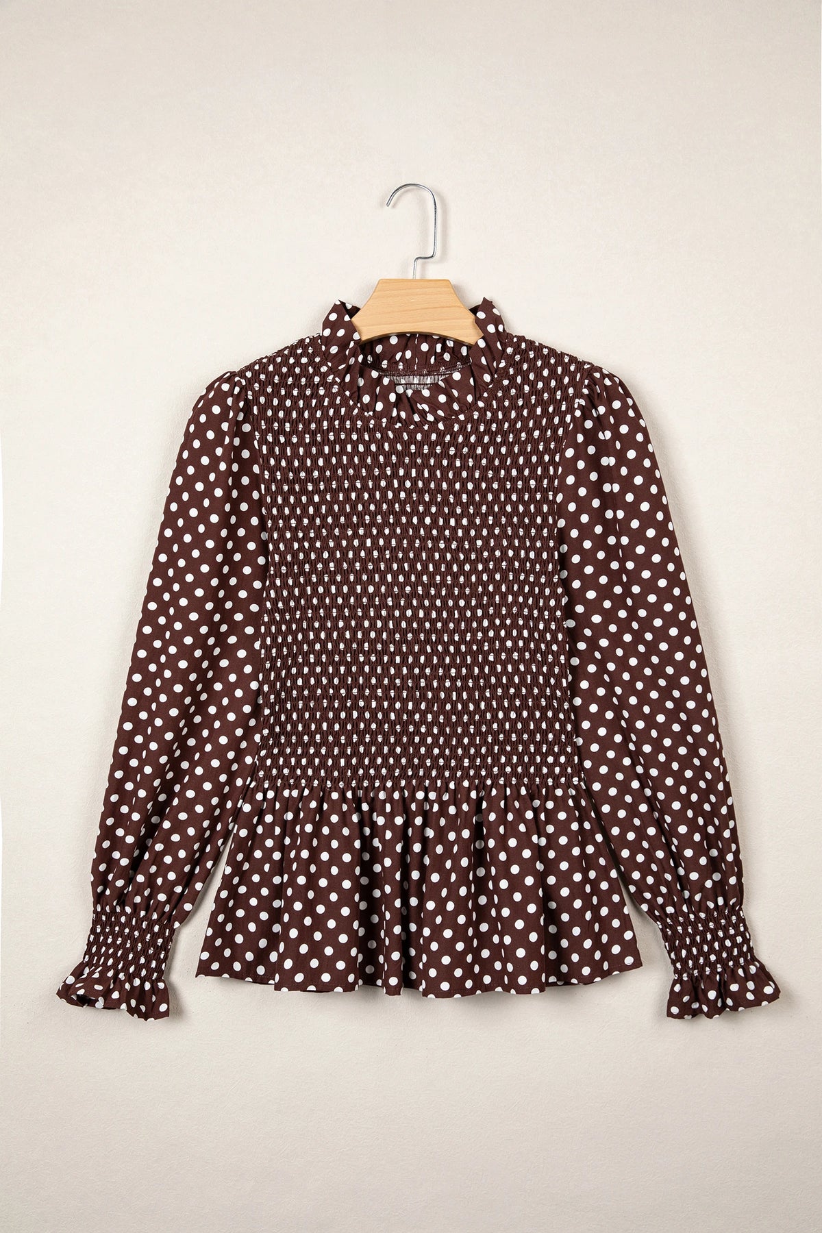 Polka Dot Shirred Ruffle Hem Long Sleeve Blouse