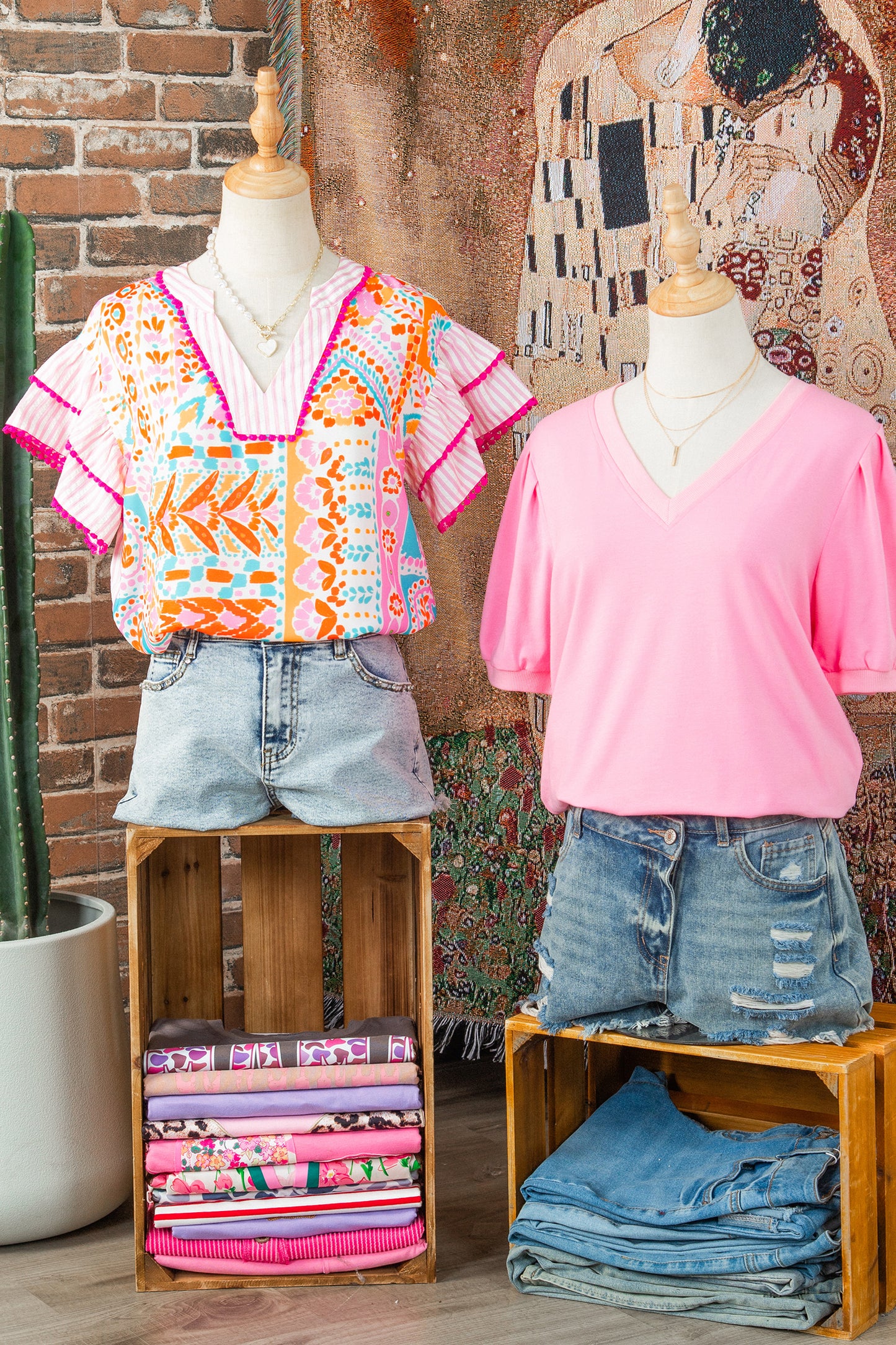 Boho Contrast Trim Patchwork Tiered Short Sleeve Blouse