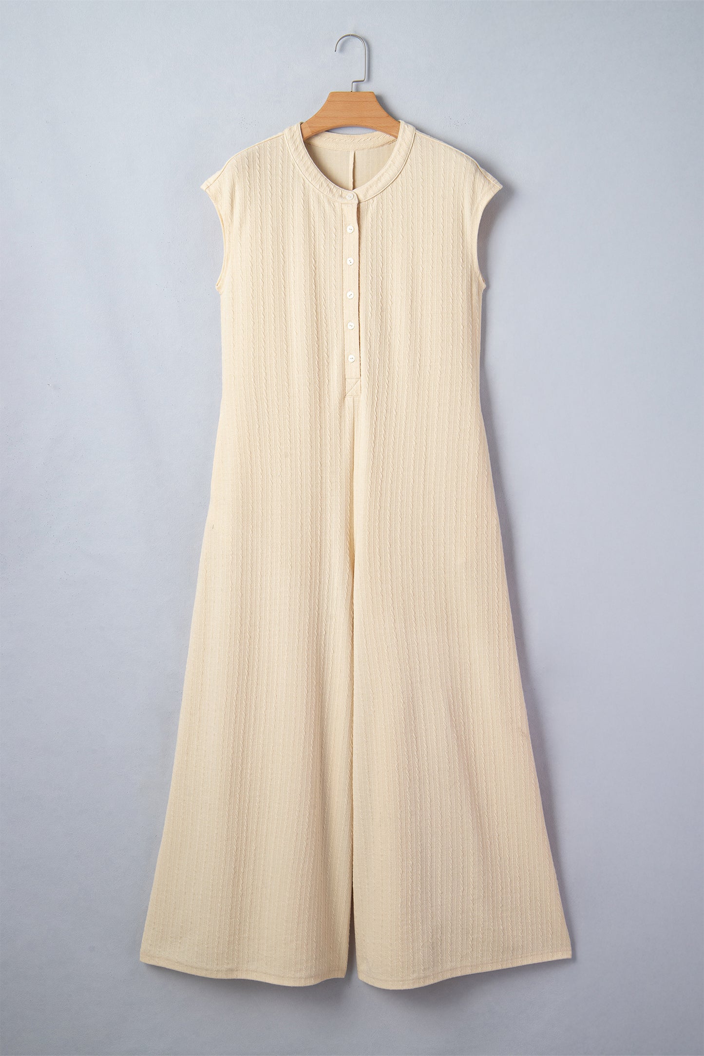 Ribbed Knit Half Buttoned Wide Leg Jumpsuit