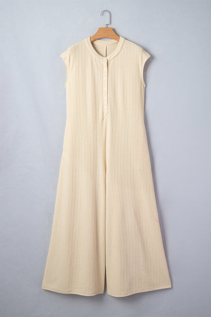 Ribbed Knit Half Buttoned Wide Leg Jumpsuit