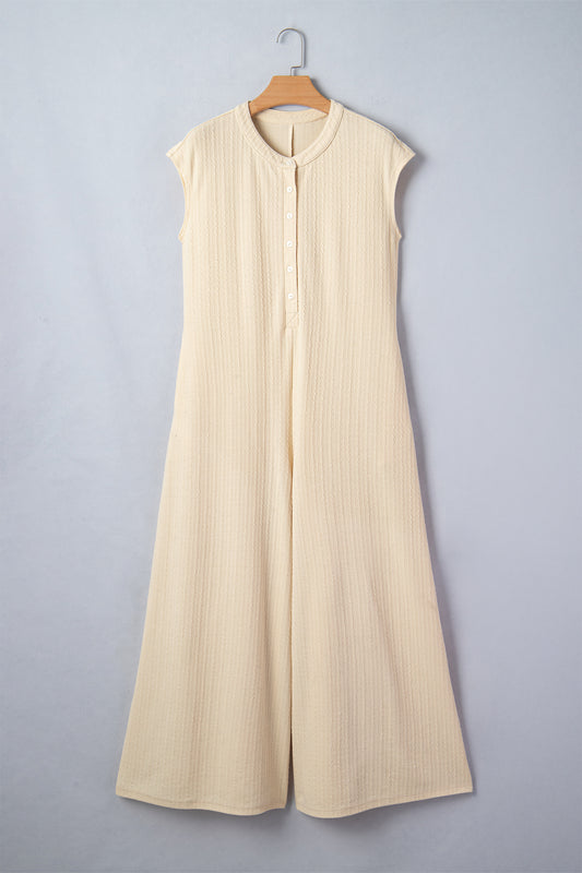 Ribbed Knit Half Buttoned Wide Leg Jumpsuit