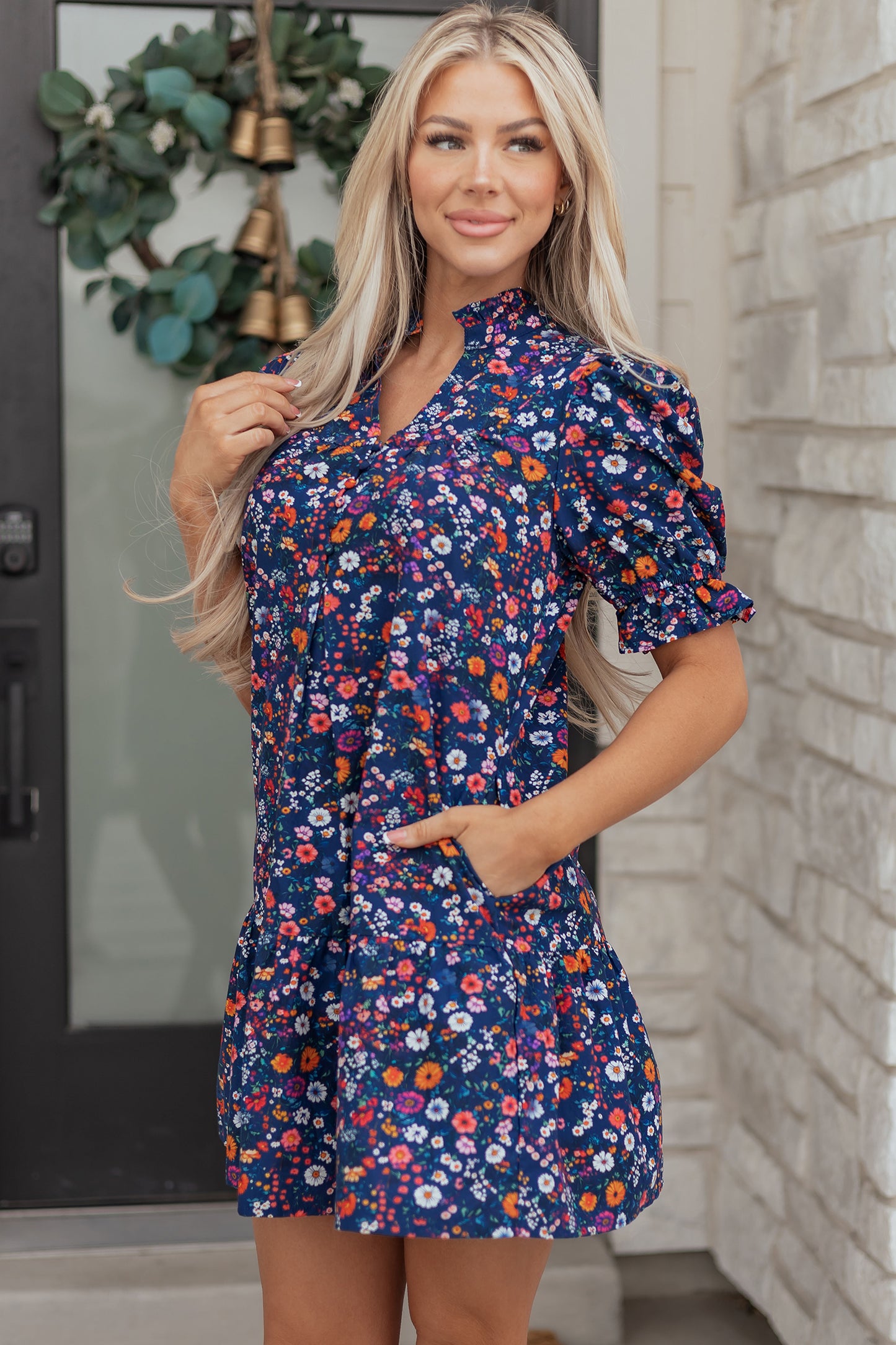 Floral Split Neck Puff Sleeve Mini Dress