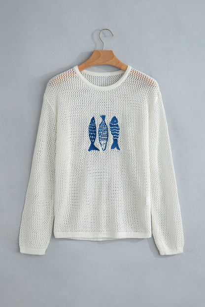 Fish Embroidered Crew Neck Crochet Knit Sweater