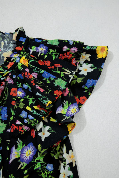 Flower Tiered Flutter Sleeve V-Neck Blouse