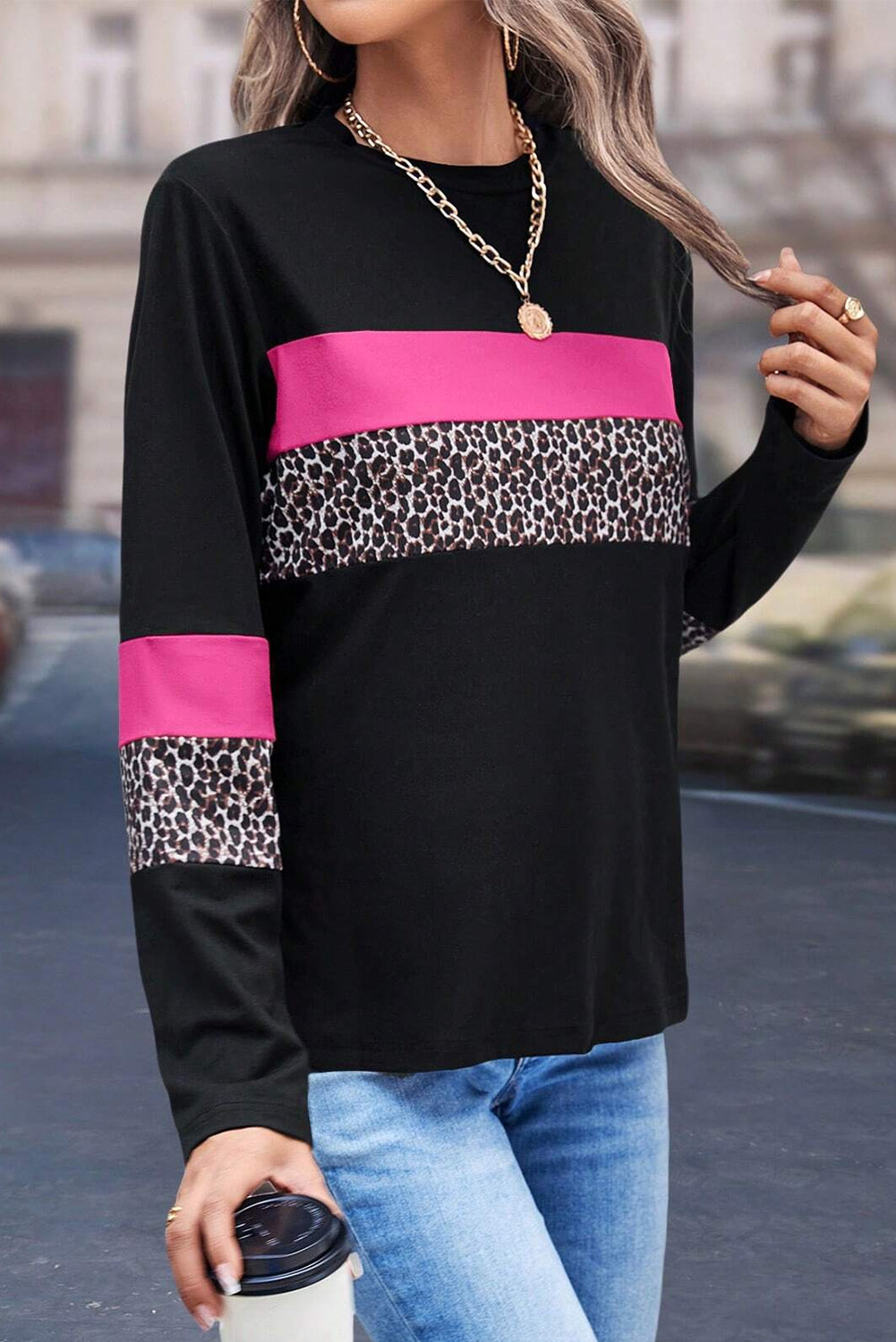 Colorblock Leopard Crewneck Tee