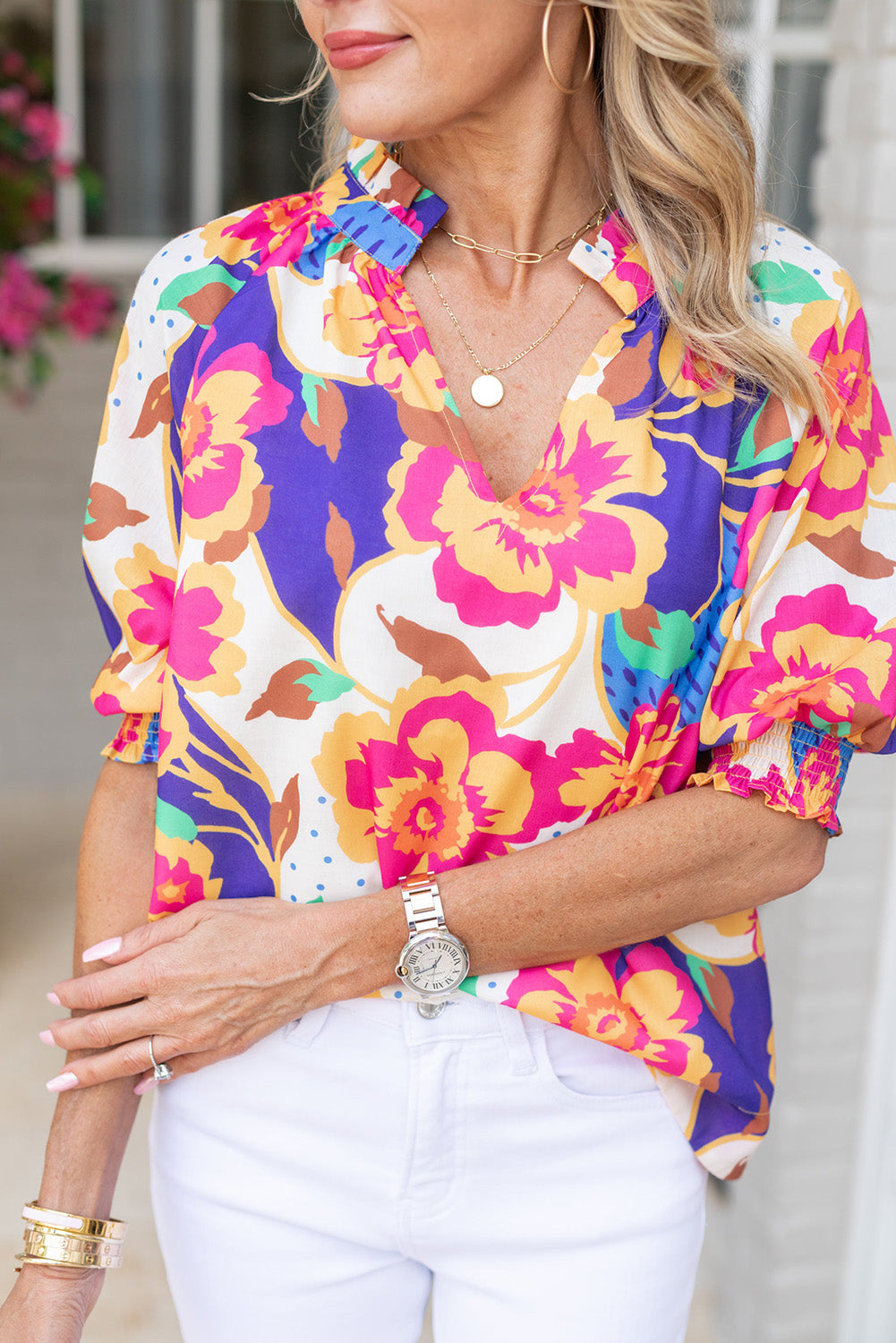 Floral Split Neck Frilled Blouse