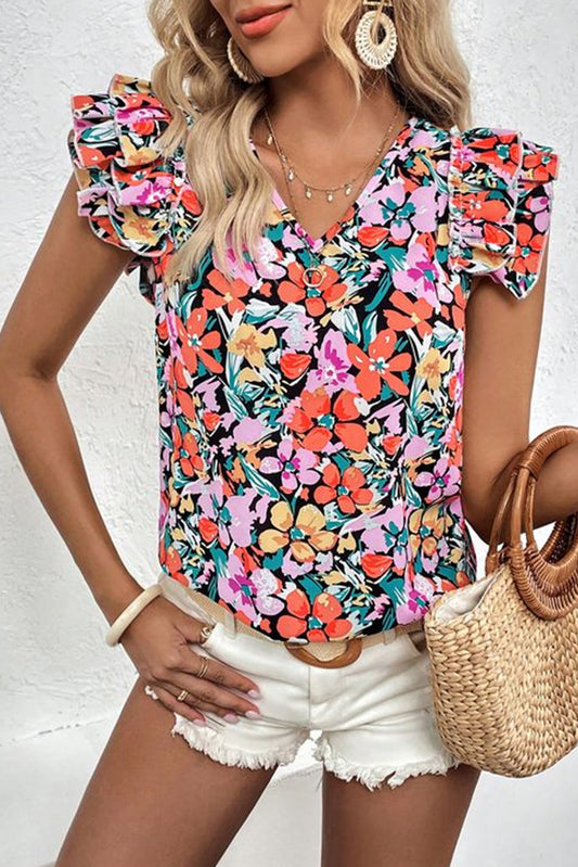 Floral Tiered Ruffle Sleeve Blouse