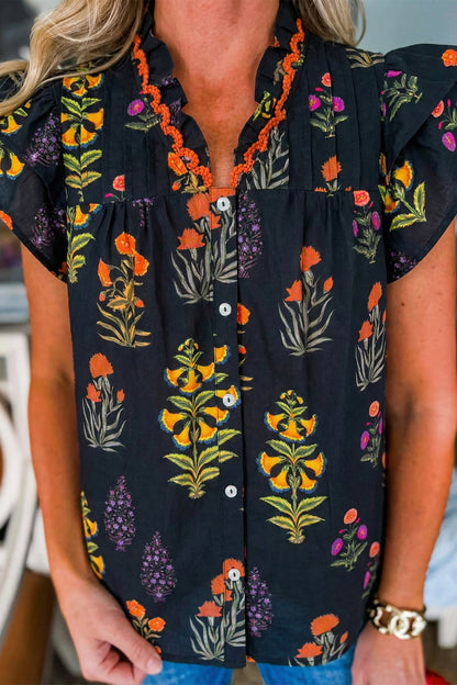 Floral Lace Trim V-Neck Frilled Short Sleeve Shirt