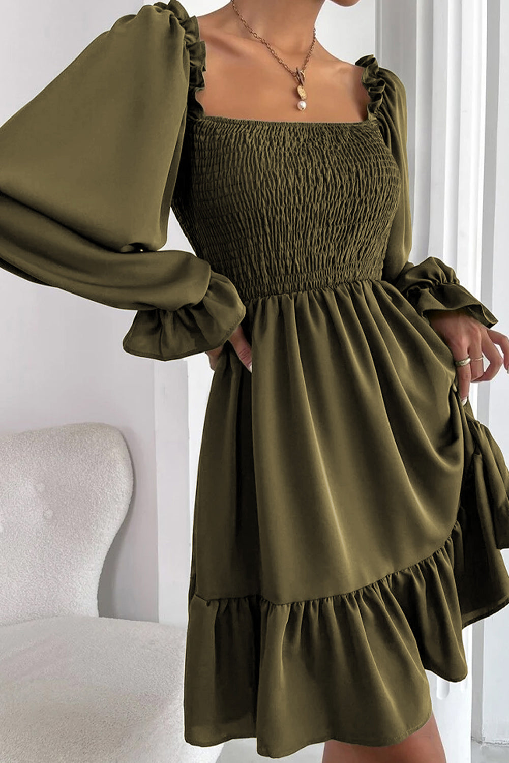 Smocked Ruffle Puff Sleeve Dress