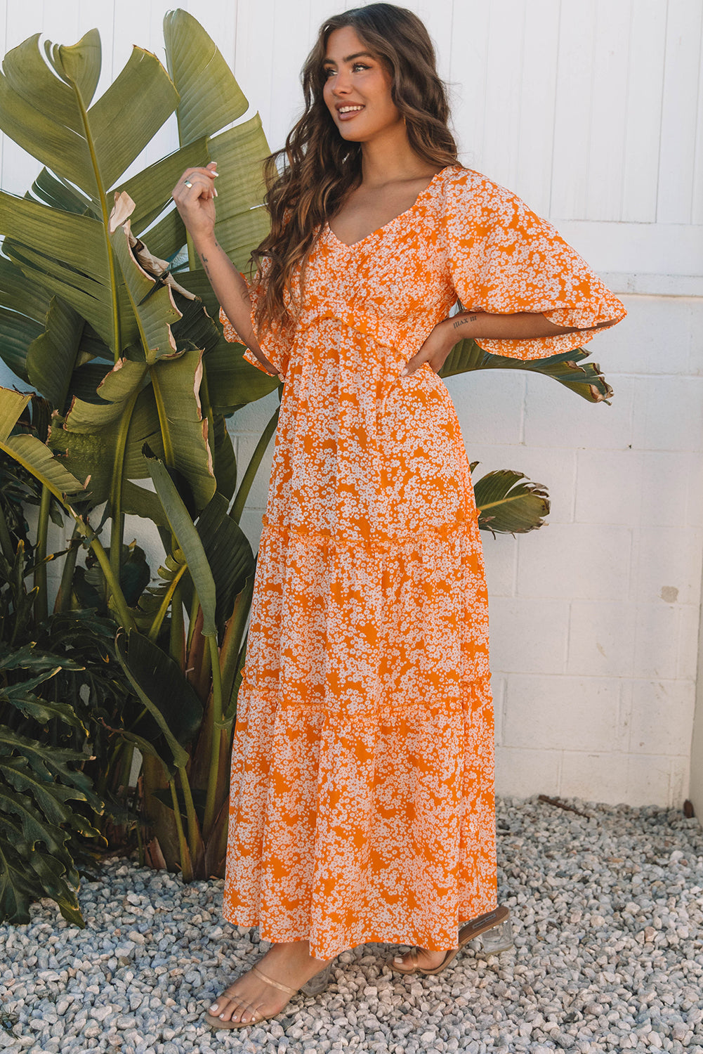 Floral Smocked V-Neck Wide Sleeve Maxi Dress