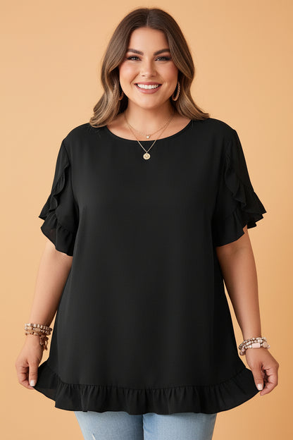 Plus Size Solid Ruffle Trim Petal Sleeve Tee