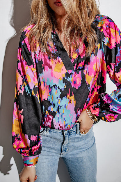 Abstract Floral Puff Sleeve Blouse