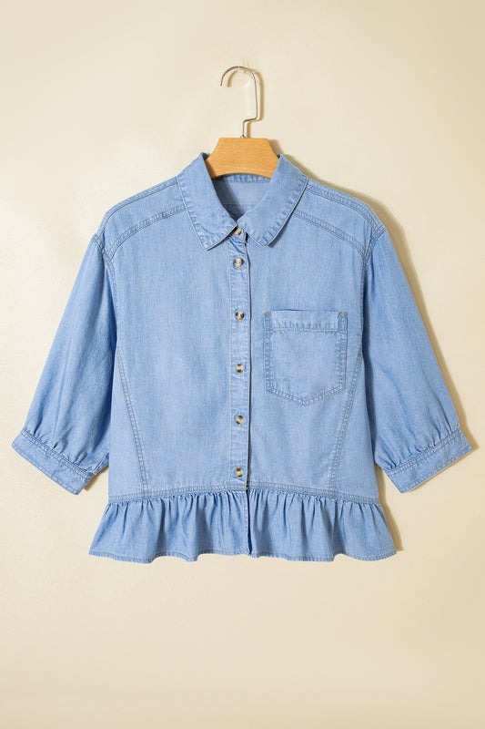 Denim Chambray Ruffle 3/4 Sleeve Buttoned Shirt