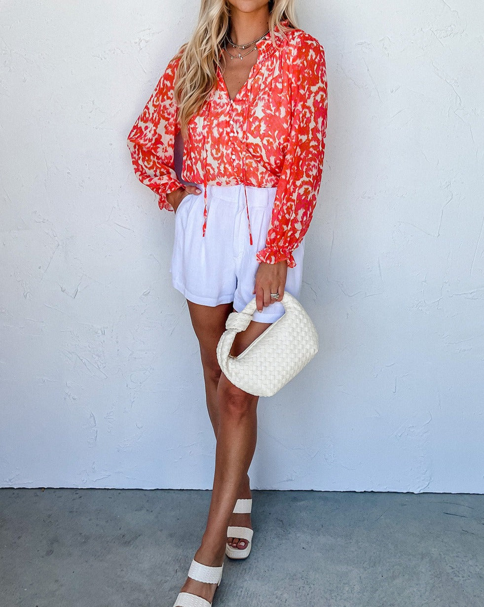 Abstract Floral Ruffle V-Neck Blouse