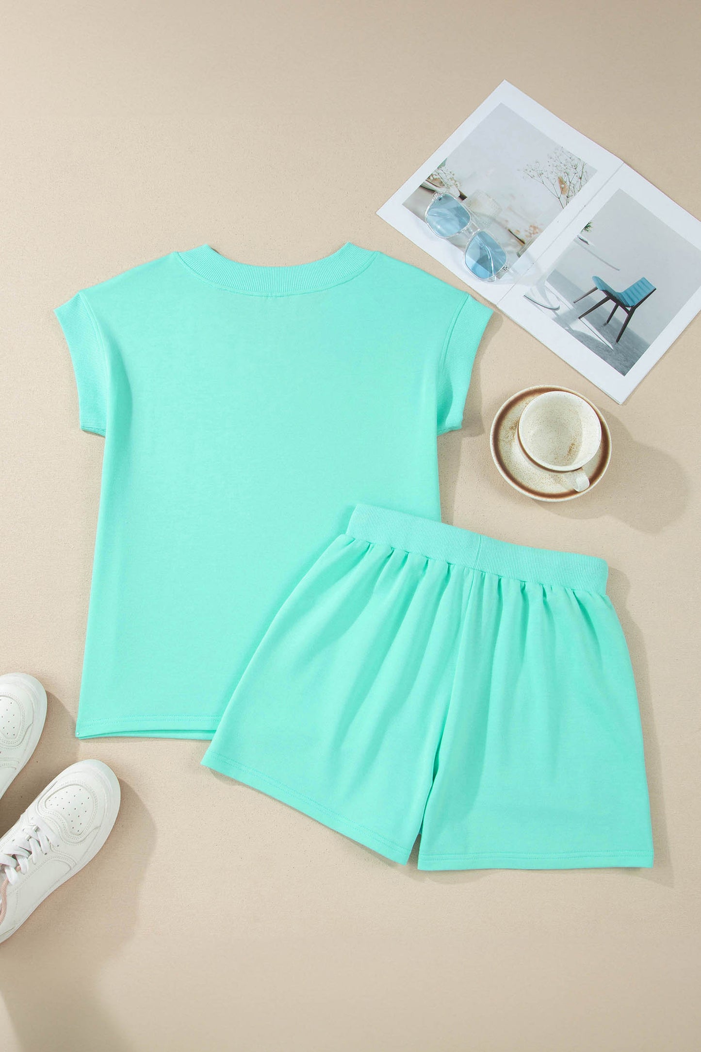 Solid V-Neck Short Sleeve Top & Drawstring Shorts Set