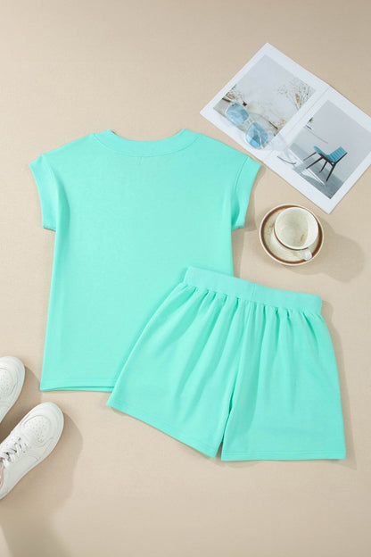 Solid V-Neck Short Sleeve Top & Drawstring Shorts Set