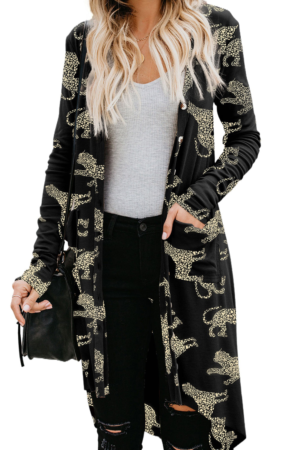 Leopard Ribbed Pocketed Duster Cardigan