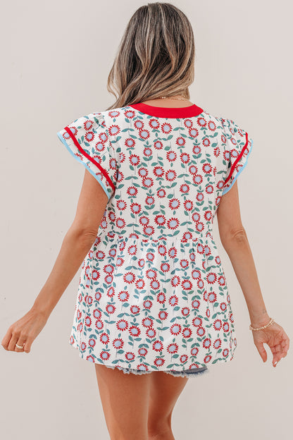 Floral Contrast Trim V-Neck Flutter Sleeve Blouse