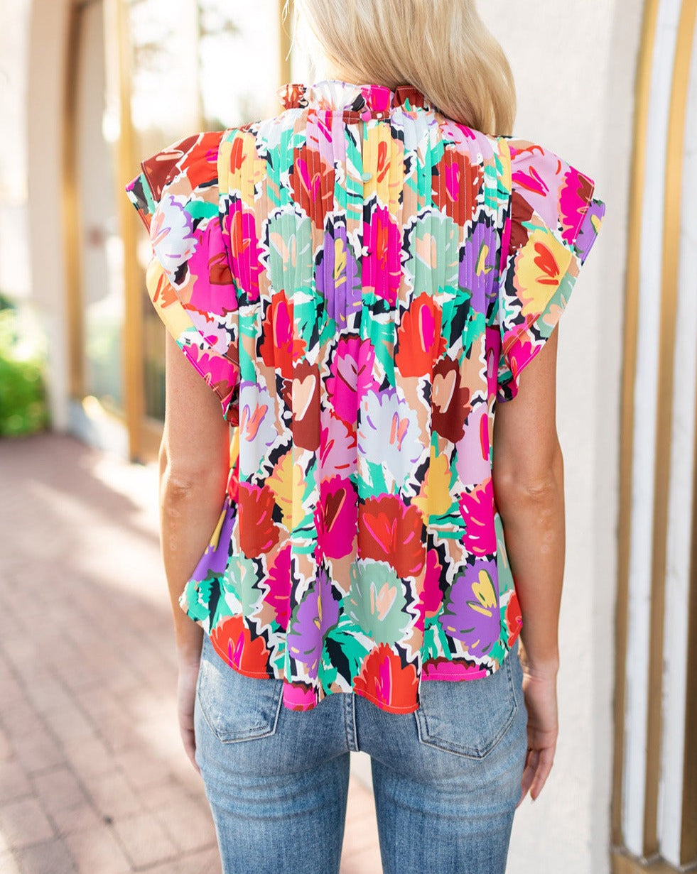 Abstract Floral Frilled Neck Blouse