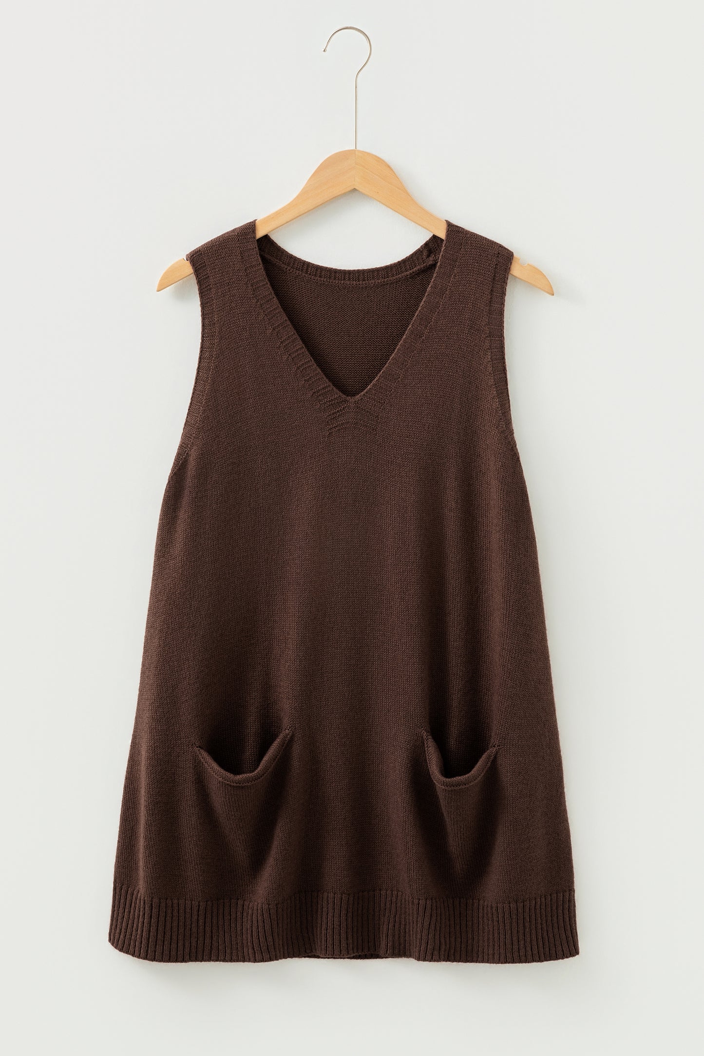 Solid Ribbed Trim Deep V-Neck Sleeveless Tunic Sweater