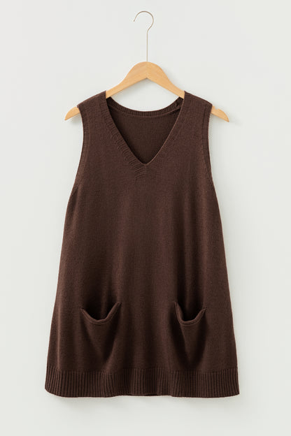 Solid Ribbed Trim Deep V-Neck Sleeveless Tunic Sweater