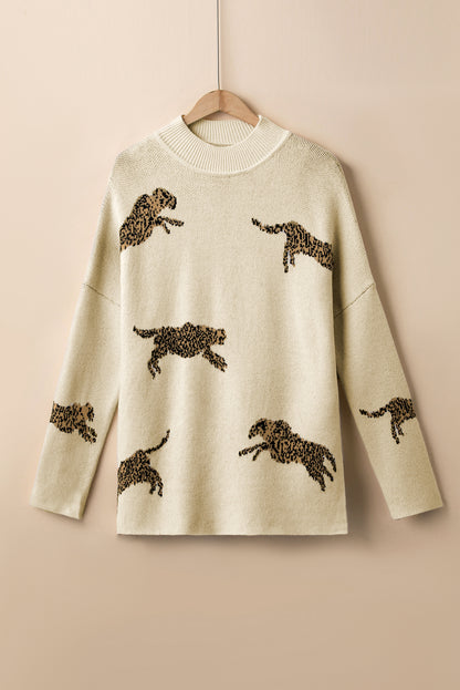 Cheetah Mock Neck Split Hem Sweater
