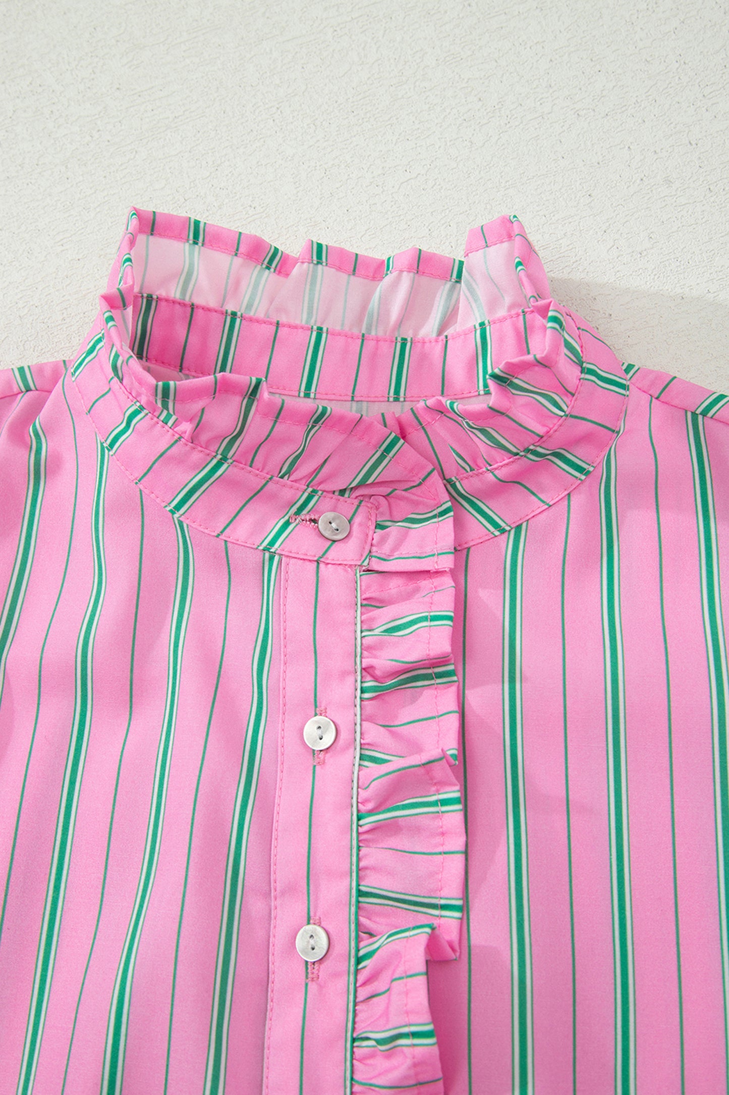 Stripe Ruffle Trim Half Button Puff Sleeve Blouse
