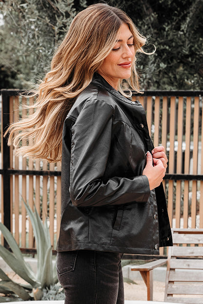 Faux Leather Button-Front Boxy Jacket