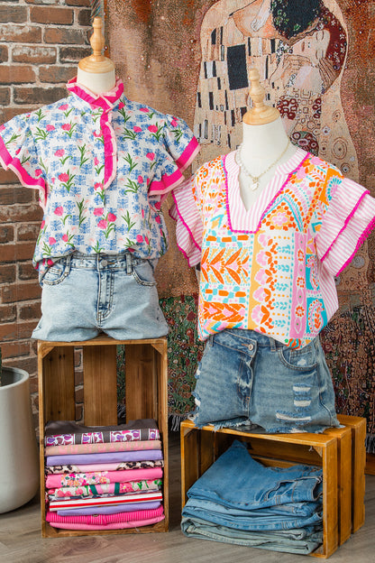 Floral Colorblock Flutter Sleeve Half Button Blouse
