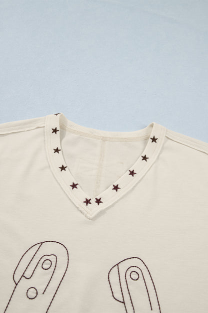 Embroidered Horseshoe Star Trim V-Neck Tank Top