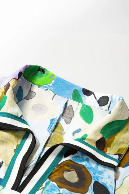 Floral Slit V-Neck Short Sleeve Blouse