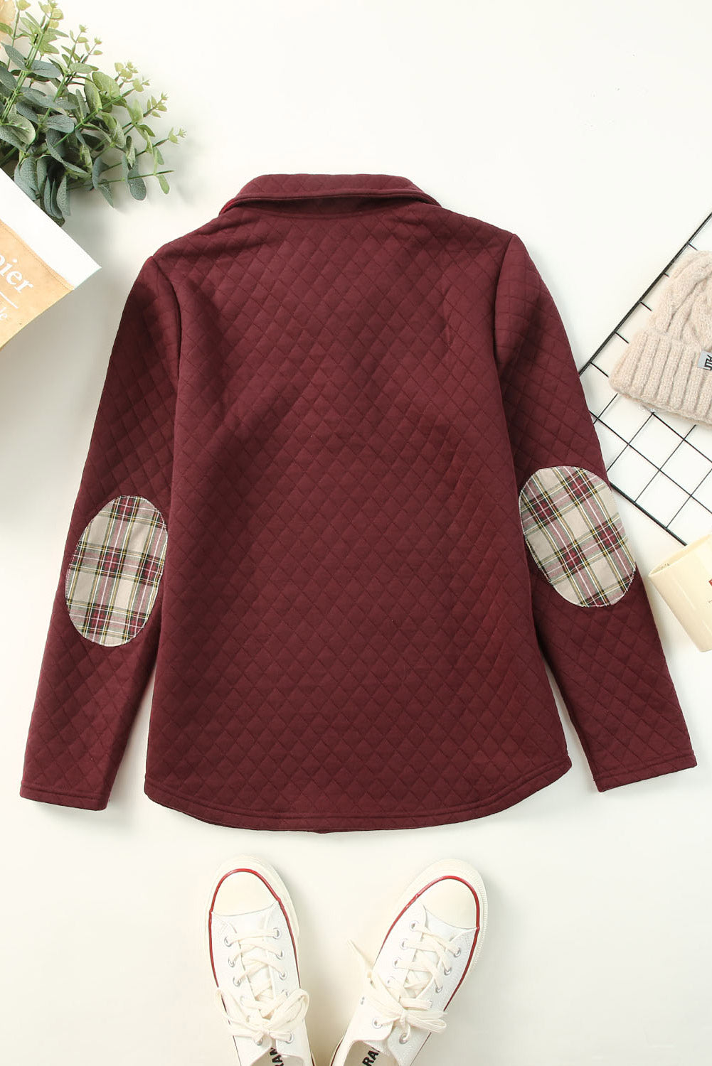 Plaid Elbow Patch Textured Sweatshirt