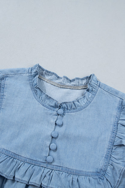Western Denim Chambray Ruffle V-Neck Long Sleeve Blouse