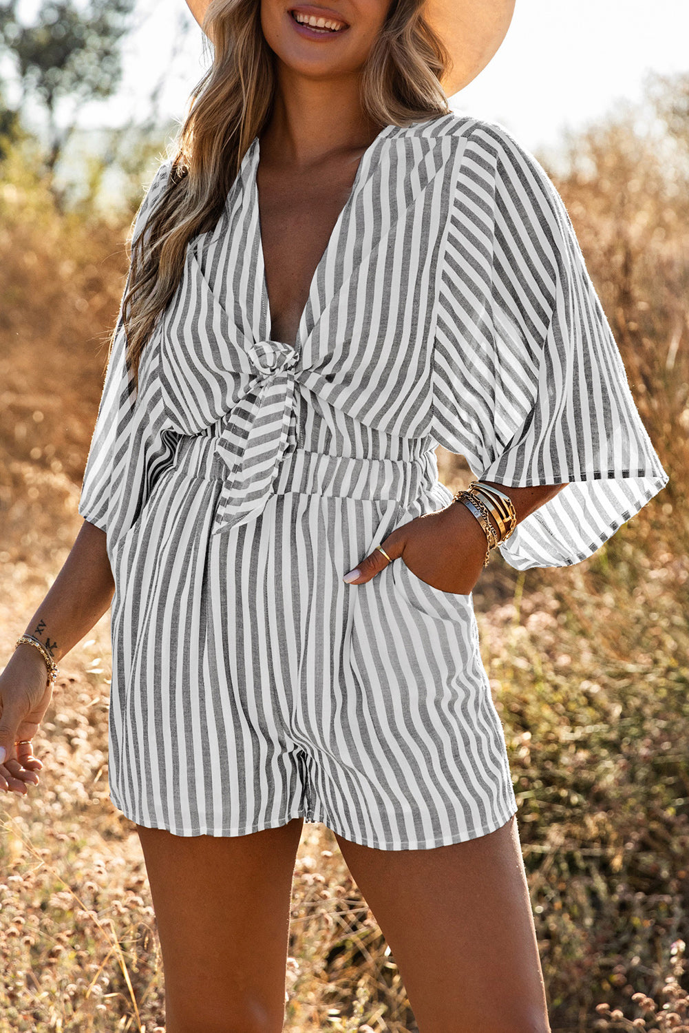 Stripe 3/4 Kimono Sleeves Romper