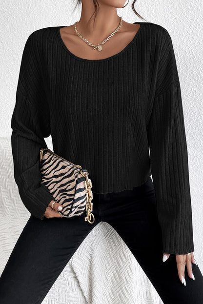 Ribbed Lettuce Edge Long Sleeve Top