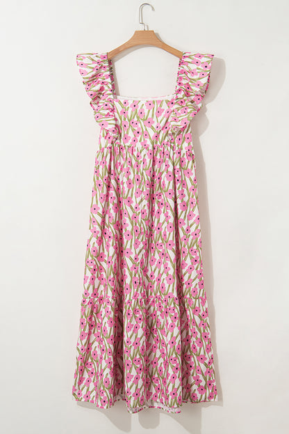 Plus Size Floral Square Neck Ruffle Strap Maxi Dress