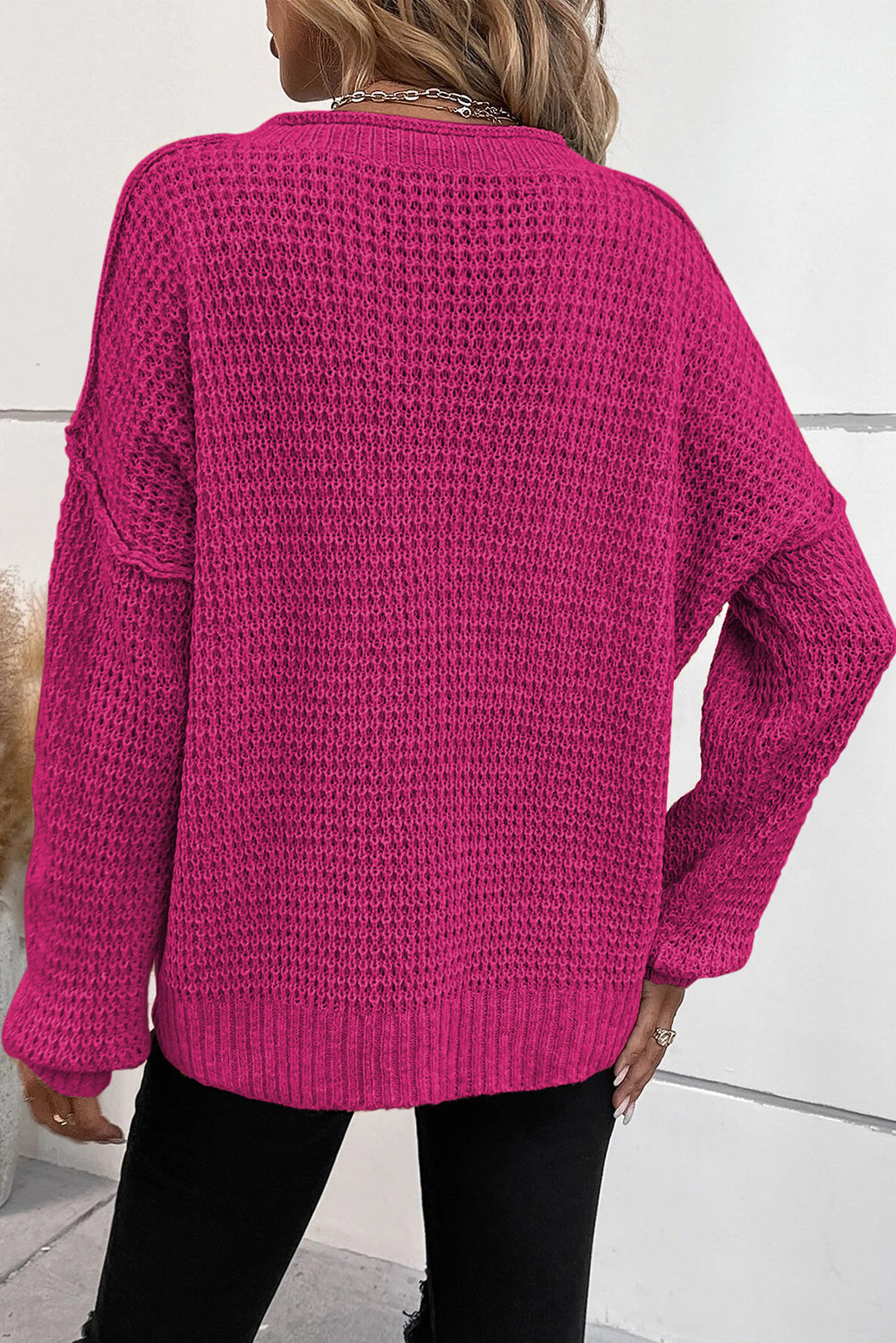 Chunky Waffle Buttoned V-Neck Sweater