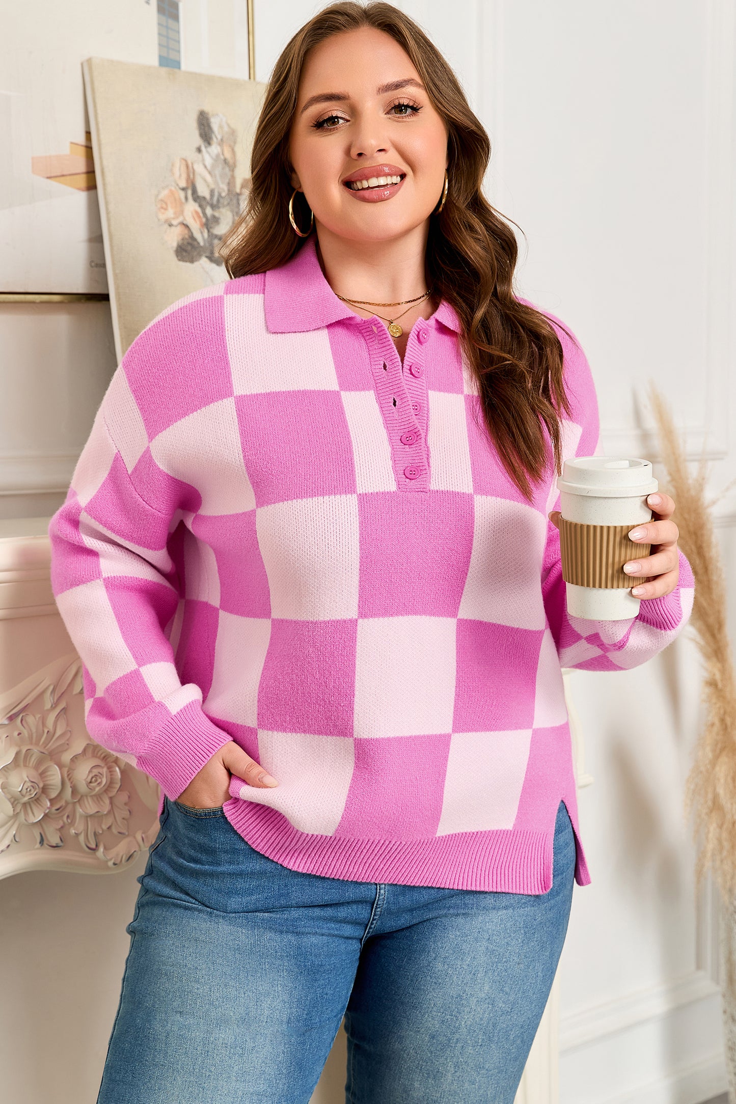 Plus Size Checker Collared Half-Button Henley Sweater