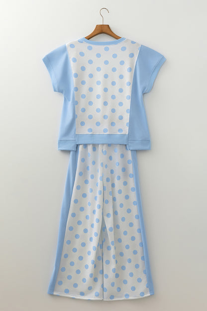 Polka Dot Patchwork Top & Wide Leg Pants Set
