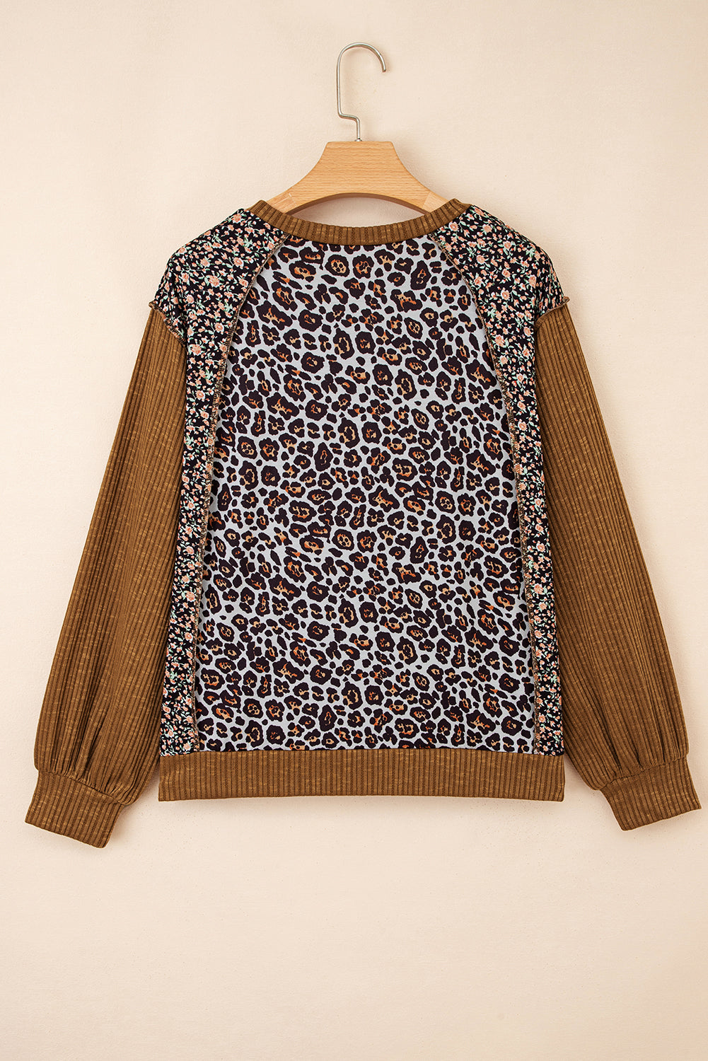 Leopard Floral Patchwork Ribbed Puff Sleeve Top