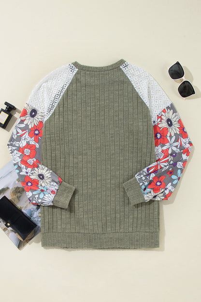 Floral Ribbed Patchwork Long Sleeve Blouse
