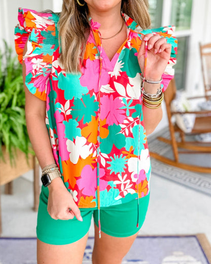 Floral Tie Ruffle Trim Blouse