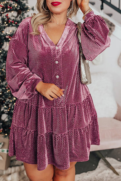 Plus Size Texture Velvet Buttoned Dress