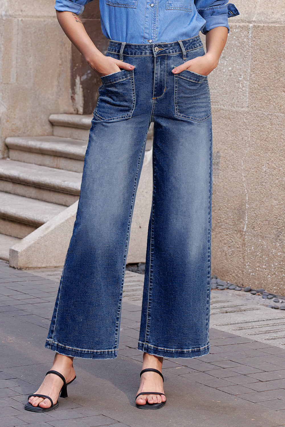 Denim High Waist Patch Pocket Straight Leg Jeans