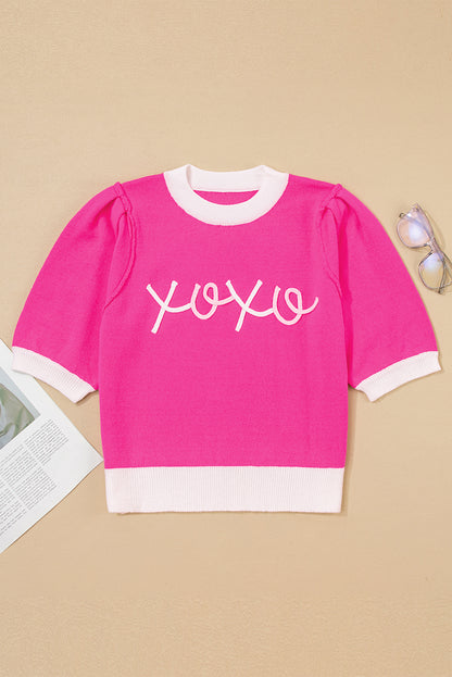 Valentine XOXO Embroidered Puff Sleeve Sweater Tee