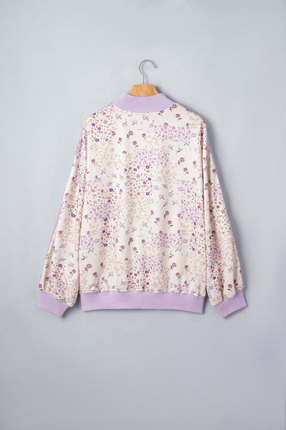 Floral Colorblock Mock Neck Stripe Long Sleeve Sweatshirt