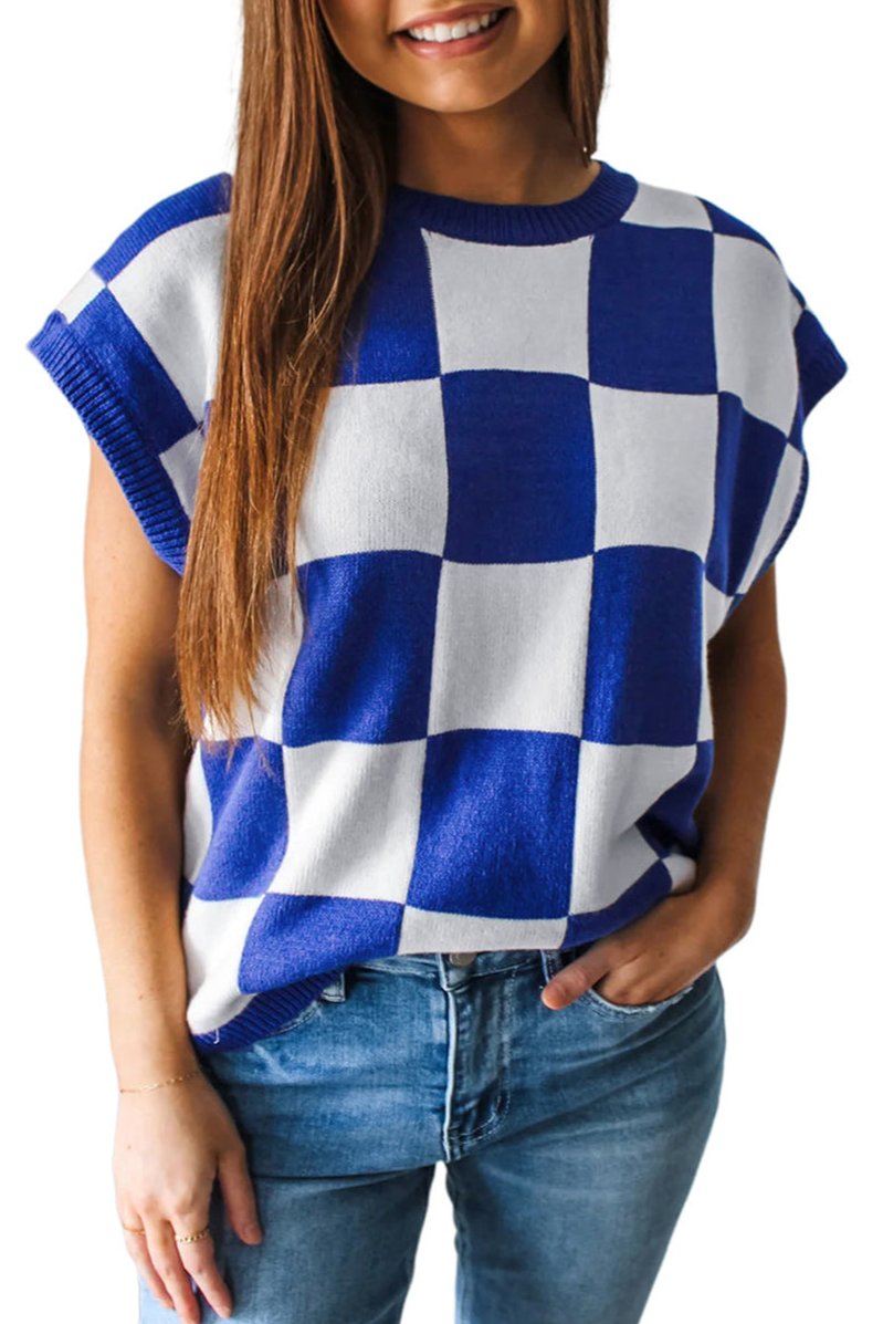 Checker Round Neck Sweater Top