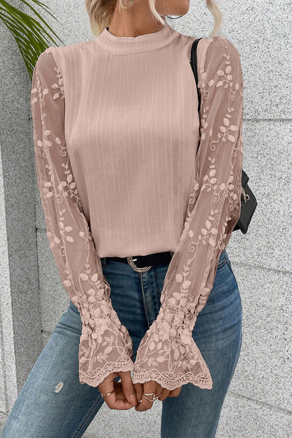 Ribbed Lace Long Sleeve Blouse